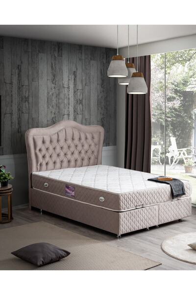 Setay Camelli New Çift Kişilik Baza Başlık Delüx Ortopedik Yatak Seti - Açık Gri