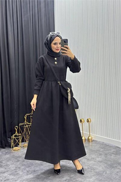Neşeli Butik Women's Black Gold Buttoned Bag Detailed Full Length Hijab Dress...