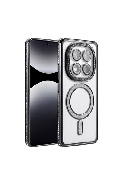 UnDePlus Xiaomi Redmi Note 14 Pro 5G Kılıf M-Safe Şarj Uyumlu Simli Kamera Kenar Taşlı Kapak Joke