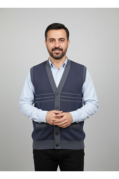 nacar çarşı Men's Blue Gray Detailed Buttoned Steel Knit Vest - Comfortable F...