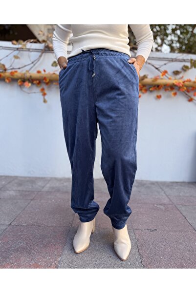 DenizEge Pantaloni de damă din velur albastru indigo