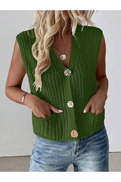 ATE ÖZGÜNEŞ TRİKO TEKSTİL Women'S, Rib Knit V-Neck Buttoned Cardigan, Vest