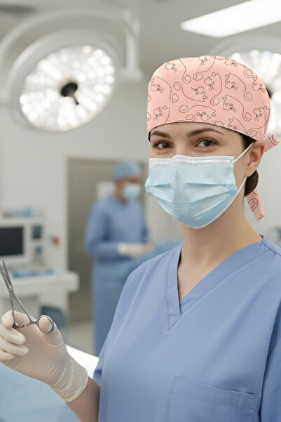 Lion Üniforma Kedi Line Pudra Desenli Cerrahi Bone Unisex – Likralı Doktor He...