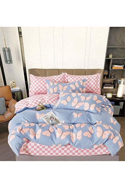 trendyhome Finet Cotton Bedding Set 6 Pieces – Butterflies/Checks, Blue/Pink