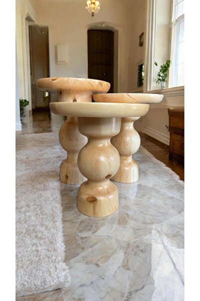 Simillo Home&Living Ahşap 3'lü Set Mantar Yan Sehpa Modern Fiskos Naturel Ren...
