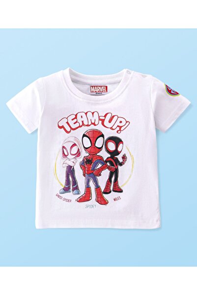 Babyhug Marvel تيشيرت أبيض بأكمام نصفية من القطن المحبوك بنسبة 100%، مزين برس...