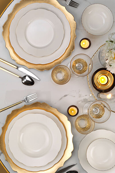 Kütahya Porselen Bone Olympos 24 Parça 6 Kişilik Yemek Takımı Altın