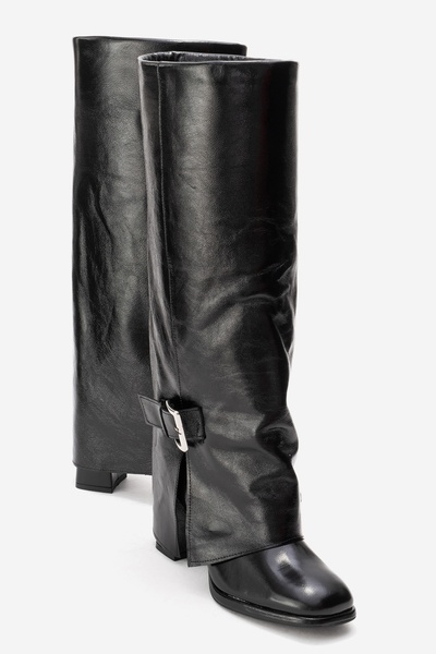 LuviShoes Lojo Black Wrinkled Patent Leather Genuine Leather Buckle Women's Thick Heeled Boots