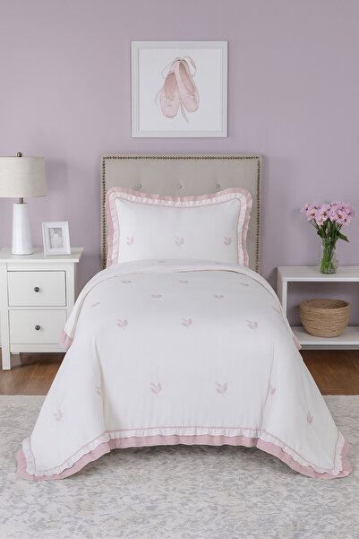 Bottega Home Pudra Pembe Yaprak Detaylı Tek Kişilik Fırfırlı Yatak Örtüsü (180x240)