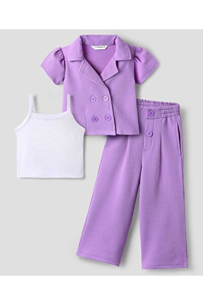 Ollington St. طقم جاكيت وافل بلون موحد بأكمام نصفية وبنطلون واسع، مع بلوزة داخلية مضلعة - لون لافندر وأبيض