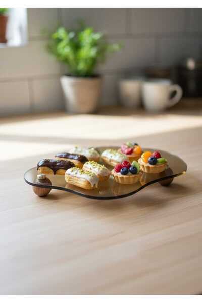 Online Home Market 1 Adet Bulut Cam Tepsi – Ahşap Top Ayaklı Dekoratif Düzenleyici Stant | Makyaj & Takı Organizer