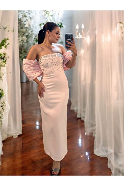 OLA Liora Bilek Boy Taş İşlemeli Pudra Pembesi Abiye Elbise