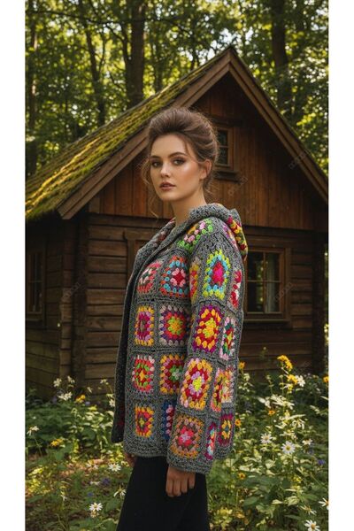 Gönülden Tasarım Hand Knitted Knitwear Hooded Women's Cardigan