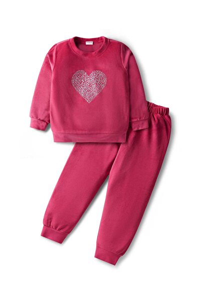 Babyhug Velour Woven Full Sleeve Winter Wear Sweatshirt & Lounge PantSet Heart Foil Print - Fuchsia