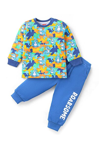 Babyhug Terry Knit Full Sleeves T-Shirt & Lounge Pants Set with Dino Print - Green & Blue