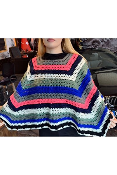 Ceritoğlu EL ÖRGÜSÜ PANÇO ŞAL - RENKLİ-ŞIK