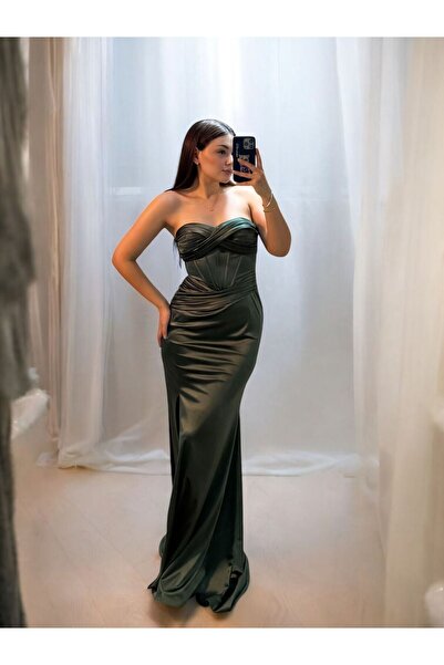 OLA Aura Korseli Balık Model Saten Straplez Yeşil Renk Abiye Elbise