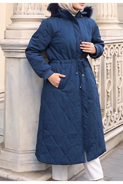 SAMARA Büyük Beden Beli Bağcıklı Kapüşonlu Mont Lacivert