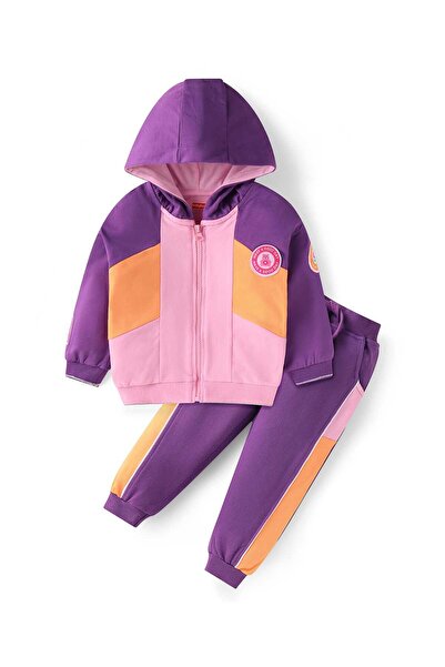 Babyhug Terry Knit Full Sleeveless Cut & Sew Hooded Sweatjacket & Joggers Set Text Patch-Multicolor