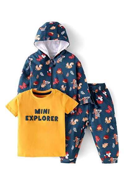 Babyhug Terry Knit Animal Print Hooded Jacket&Jogger Pants Text Print T-Shirt Set-Navy Blue&Yellow