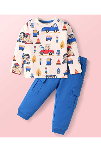 Babyhug Terry Knit T-Shirt & Joggers Set with Vehicle Print - Blue