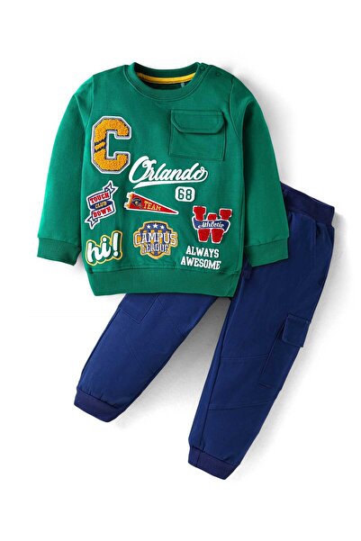 Babyhug Terry Knit T-Shirt & Lounge Pants Set With Text Print & Embroidery - Green & Navy Blue