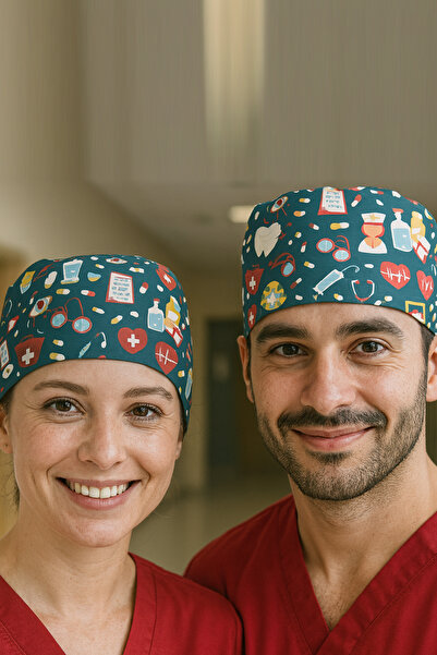 Lion Üniforma Medikal İkonlar Desenli Cerrahi Bone Unisex – Likralı Doktor He...