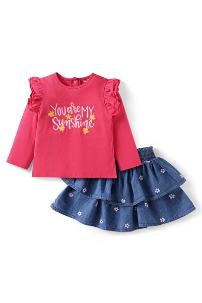 Babyhug Single Jersey Knit Full Sleeves Text Print Top Frill &Layered Skirt Set-Navy Blue &Dark Pink