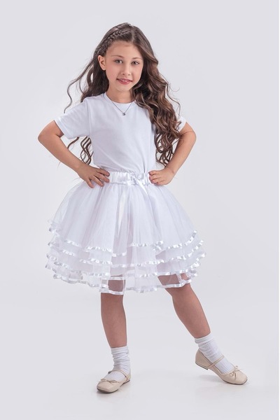 Mnk Baby&Kids Kız Çocuk Kat Kat Parlak Şeritli Fiyonklu Tütü Etek M00781 BEYAZ