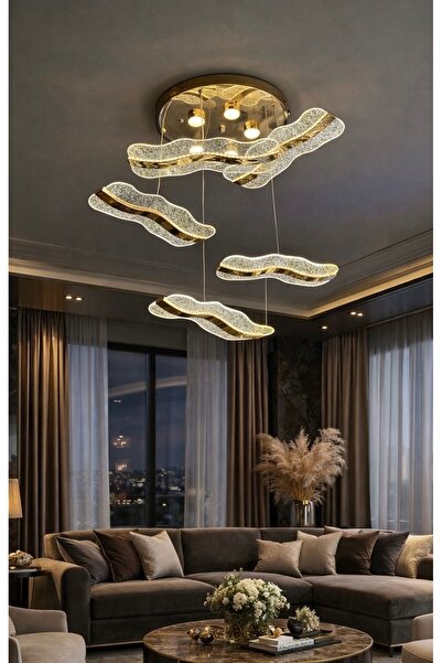 burenze Modern Tasarım Wawes Ledli Avize Gold Sarı Sarkıt 5’li Led Avize