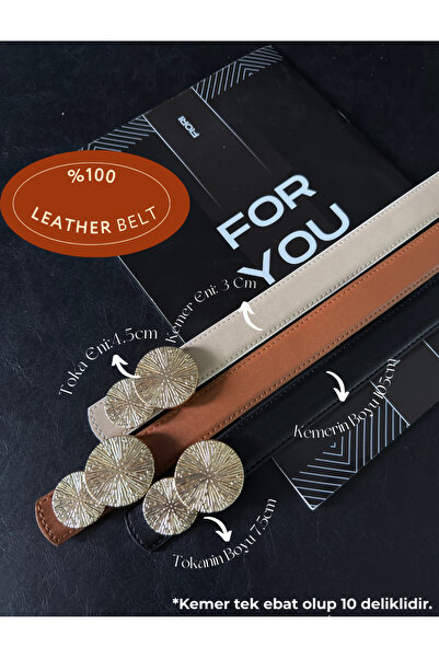 Fiori Genuine Curved Round Gold Buckle Women's Belt, Trouser Belt, Coat Belt, Dress Belt