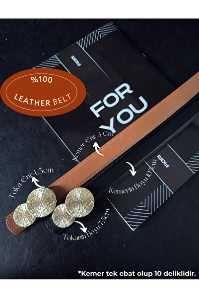 Fiori Genuine Curved Round Gold Buckle Women's Belt, Trouser Belt, Coat Belt, Dress Belt