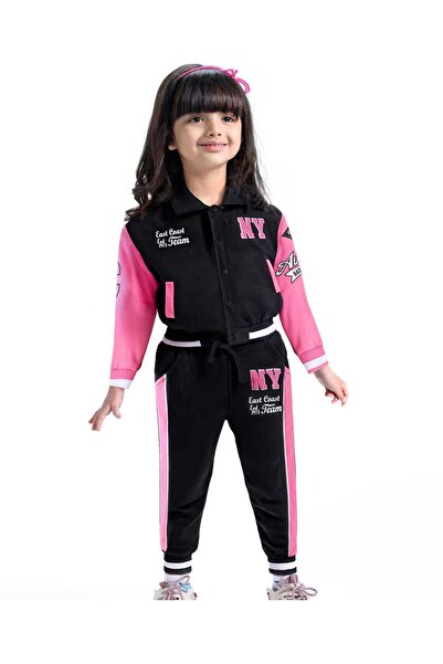 Babyhug Terry Knit Full Sleeves Bomber Jacket & Lounge Pants Set with Text Print - Black & Pink