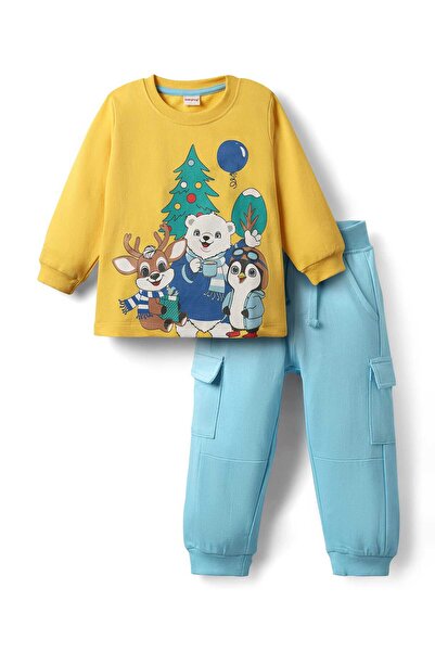 Babyhug Single Jersey Knit Full Sleeves T-Shirt &Lounge Pant Set Animal Print - Yellow &Light Blue
