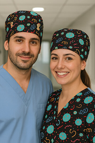 Lion Üniforma Mikrop 1 Desenli Cerrahi Bone Unisex – Likralı Doktor Hemşire B...