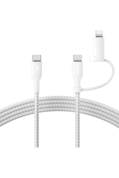 Belkin BoostCharge 2-in-1 USB-C & Lightning Braided Fast-Charging Cable - White