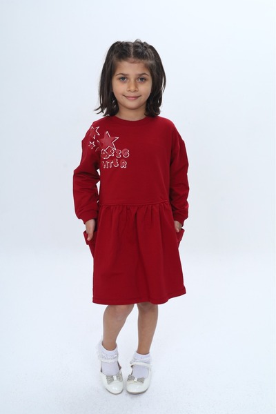 Toontoy Girl's Printed Relax Fit Crew Neck Drop Shoulder Long Sleeve Printed Dress