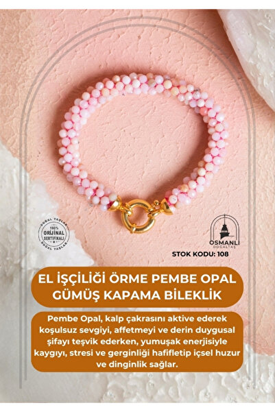 OSMANLI DOĞAL TAŞ Certified Handcrafted Knitted Pink Opal Silver Clasp Bracelet (Sk:108)