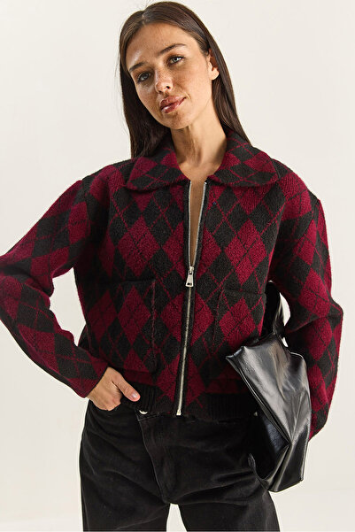 Bianco Lucci Cardigan tricotat cu fermoar cu guler cu model Baklava pentru femei 20251099