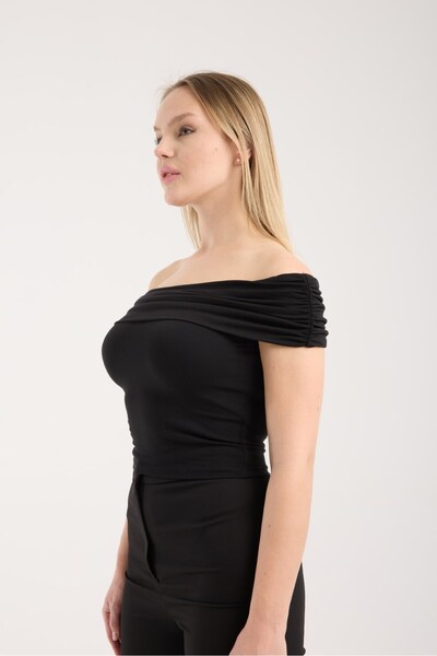 G-FOX Women's Off Shoulder Bardot Neckline Draped Stretchy Cotton T-Shirt Blouse 6003