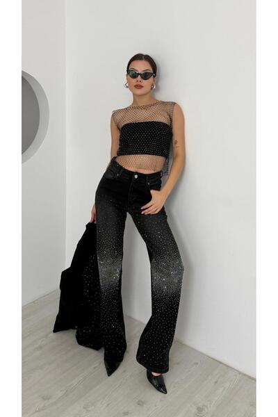 ParlaMira cu pietre aplicate talie înaltă Palazzo Fit material elastic Blugi pentru femei