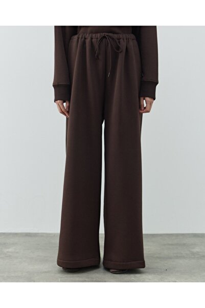 Aybikestil Şardonlu Üç İplik Wide Leg Bol Eşofman Altı Acı Kahve