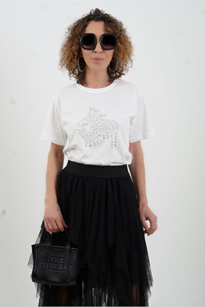 Zelish My Sister Ecru stone pearl fish figured t-shirt