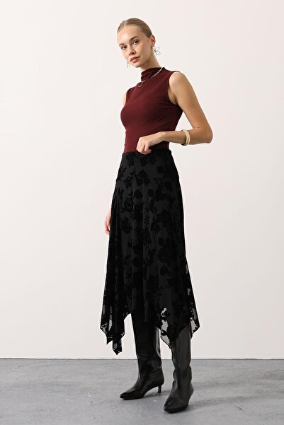 cemo ASİMETRSİK KESİM GÜL NAKISLI ETEK