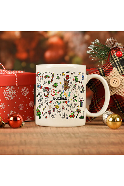 DİLAHOME Christmas Doodle Desenli Yılbaşı Porselen Kupa Bardak | Yeni Yıl Hed...
