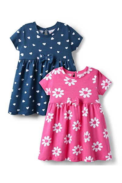 Babyhug Single Jersey Knit Half Sleeves Floral & Heart Printed Dresses (Pack of 2)-Pink & Navy Blue