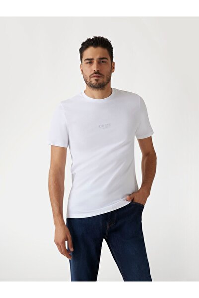 Guess Bisiklet Yaka Düz Kırık Beyaz Erkek T-Shirt AIDY CN SS TEE - MID ORGANI...