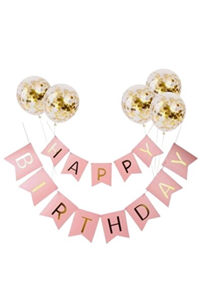 selling depot Set de 5 baloane aurii cu confetti + banner roz „La mulți ani” -