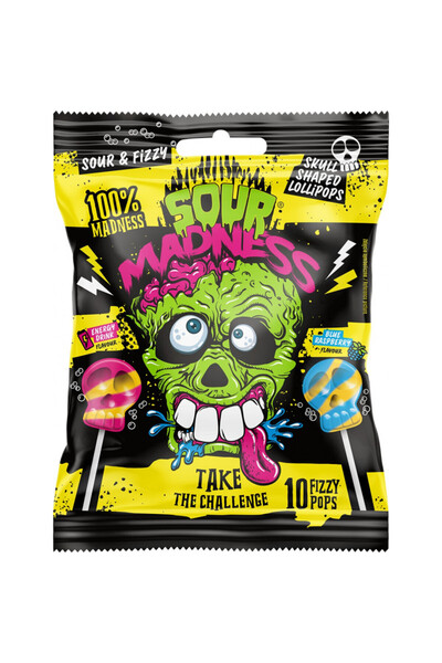 Trolli Sour Madness - Sour & Fizzy Skull Shaped Lollipops 90g