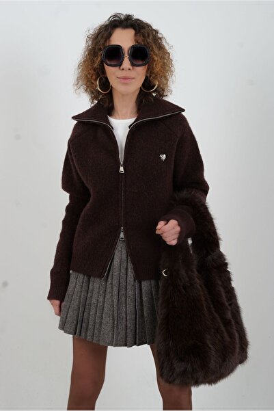 Zelish My Sister Brown Zippered Mock Neck Cardigan